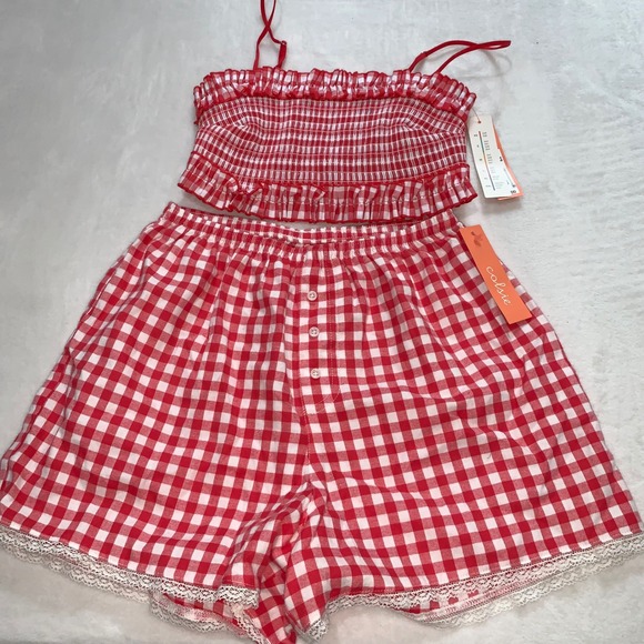 Colsie red white gingham pajamas set smocked spaghetti strap top shorts‎ size XS - Picture 4 of 11